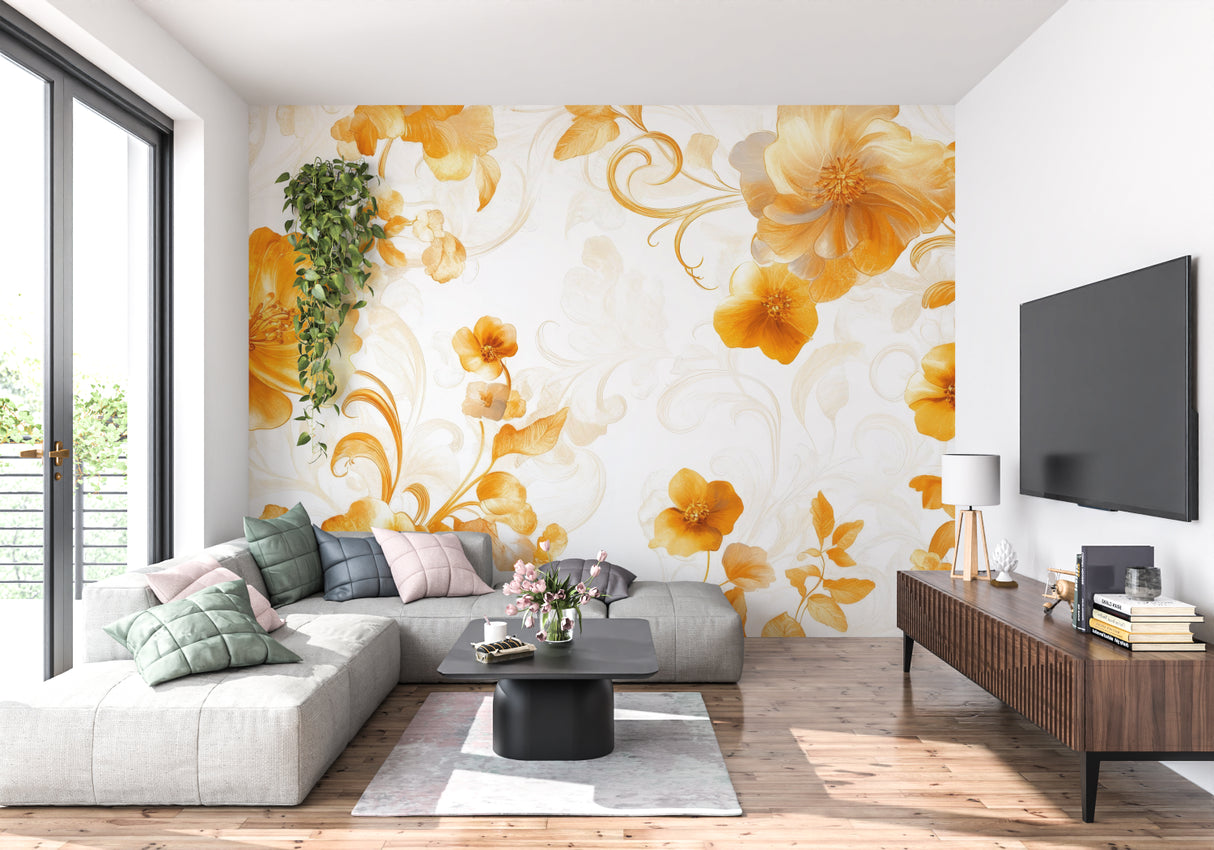 Elegant dining room featuring orange floral wall mural with white furniture