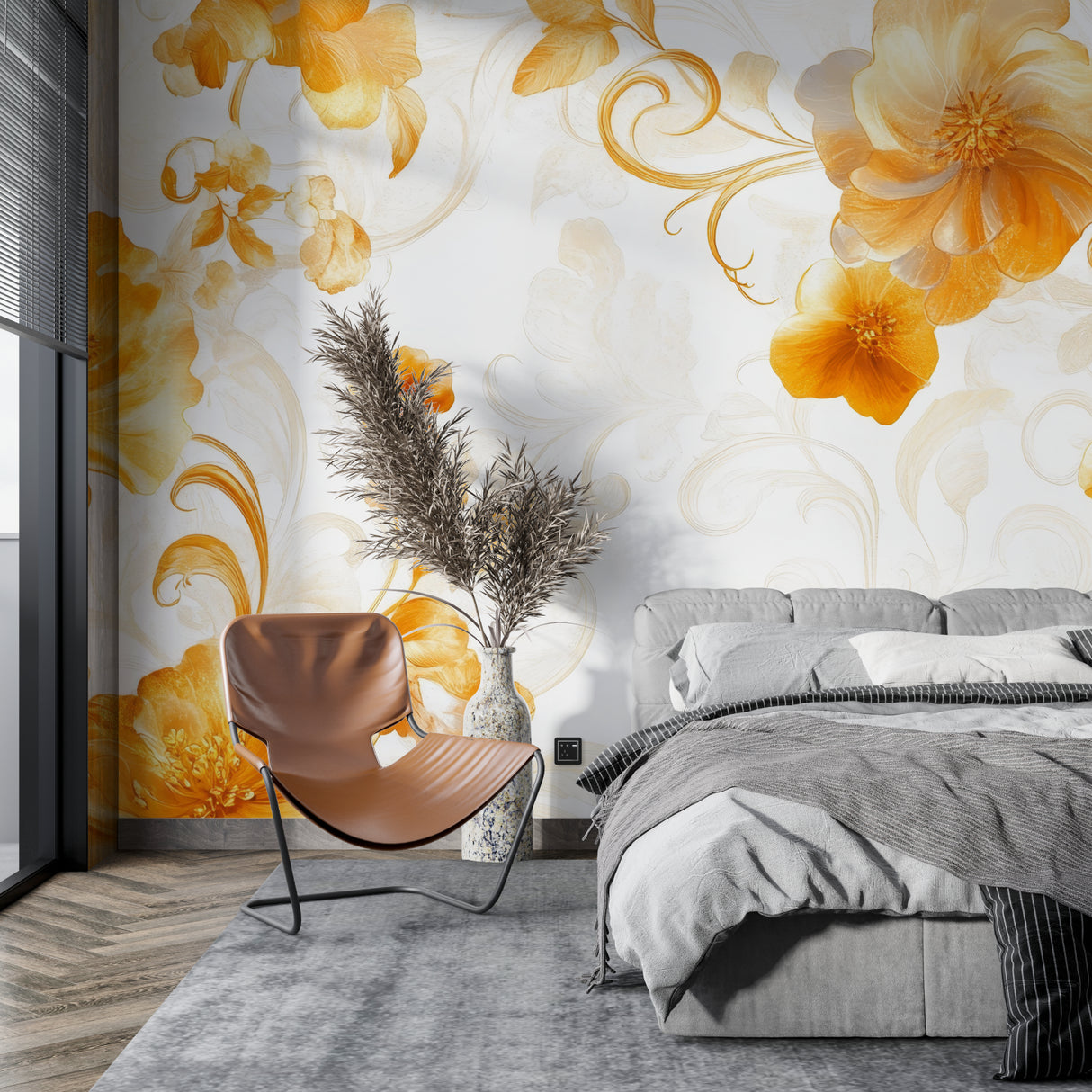 Master bedroom with vintage orange blossom wallpaper creating soft morning light effect