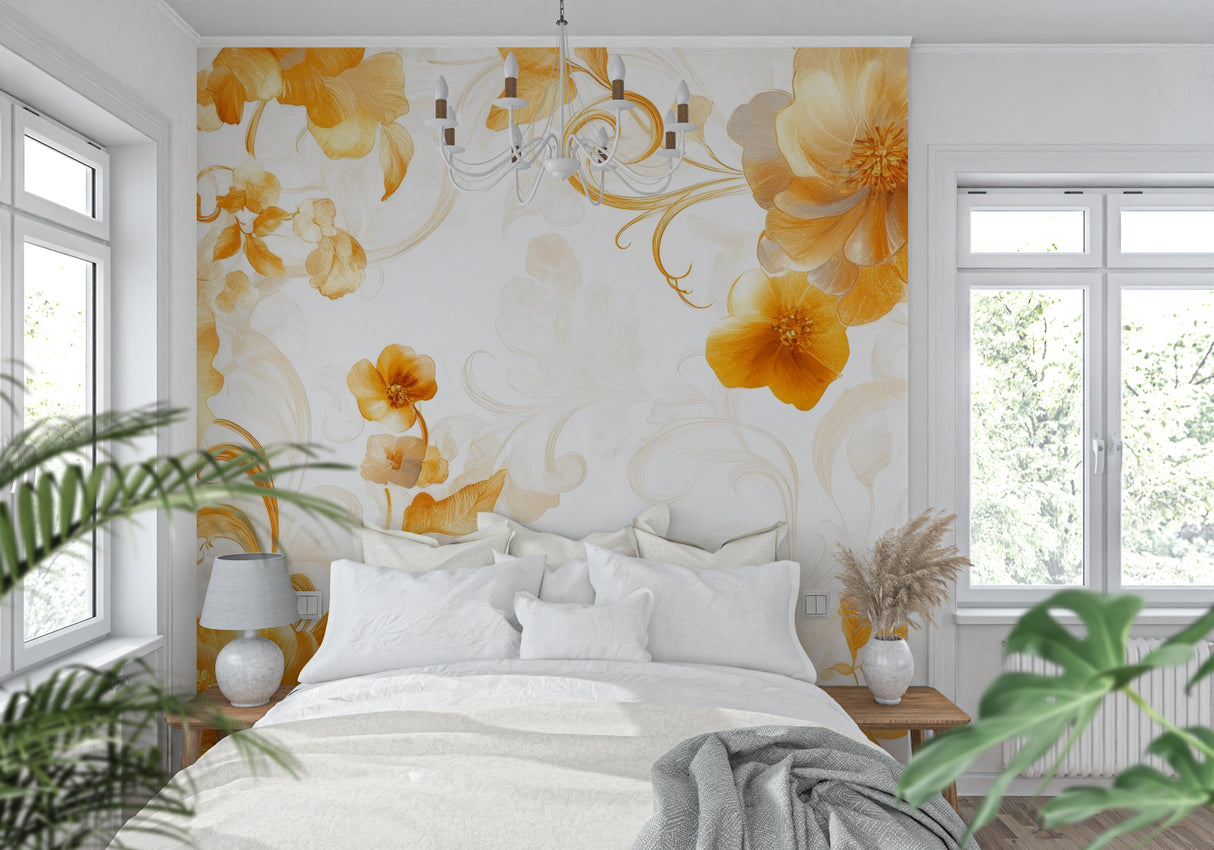 Home office space with floral mural wallpaper bringing natural warmth