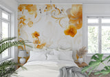 Home office space with floral mural wallpaper bringing natural warmth