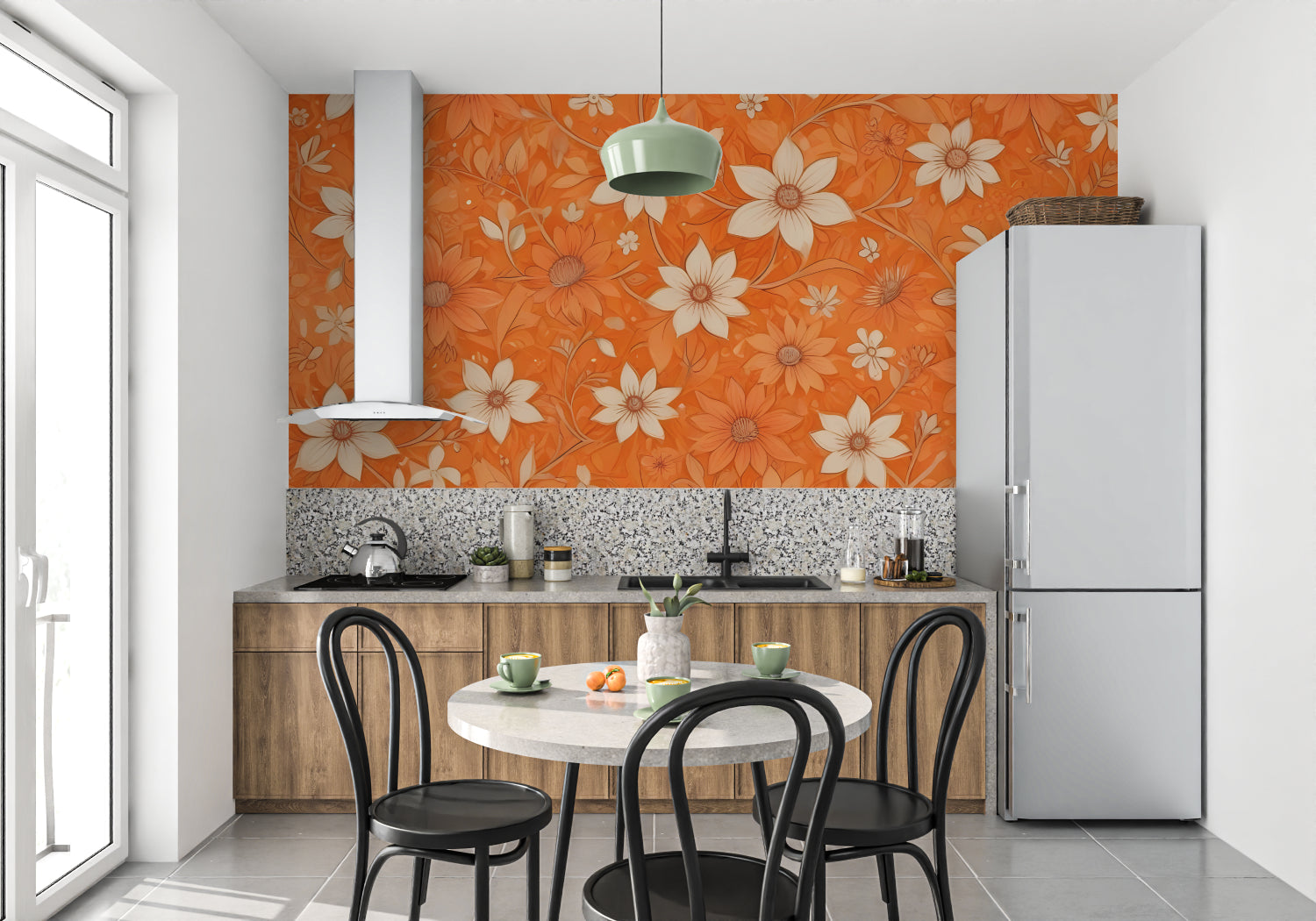 Orange Daisy Wallpaper bringing warmth to a modern living room with natural light and minimal furniture