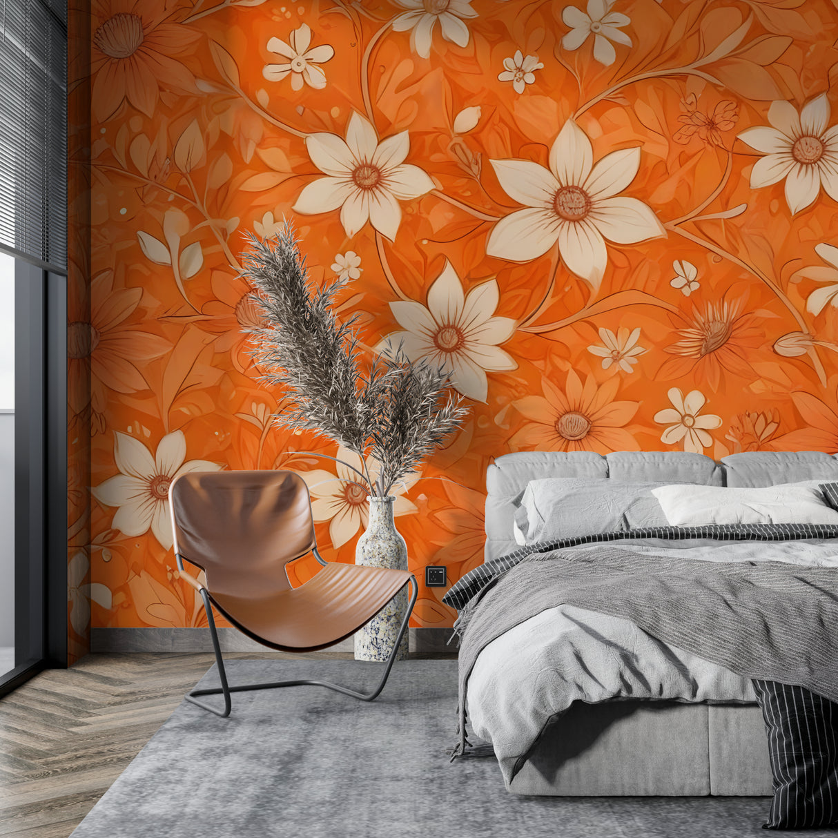 Daisy Pattern Wallpaper making a statement in a sunny dining room with wooden furniture