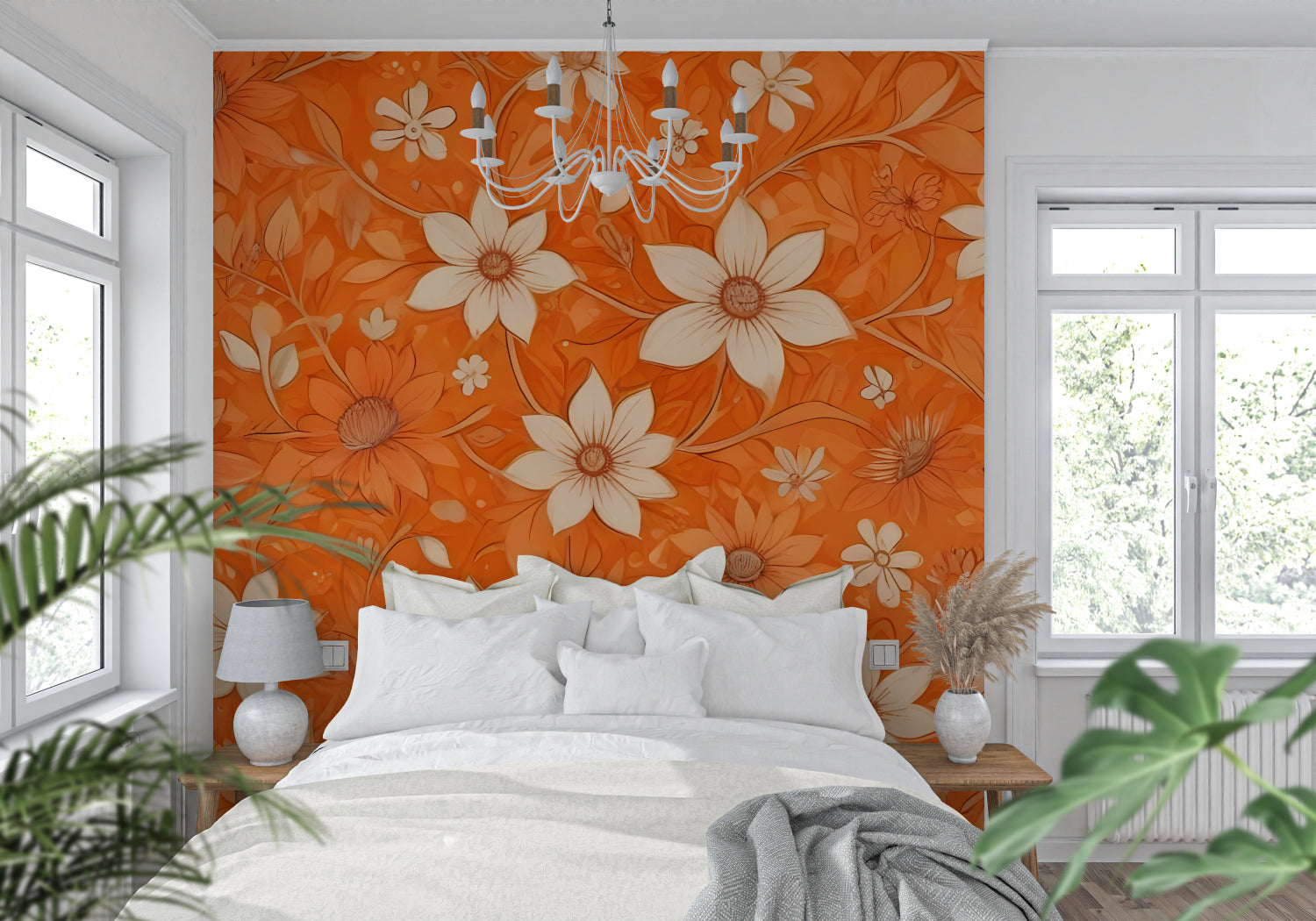 Orange Floral Wallpaper adding charm to a home office with desk and reading nook