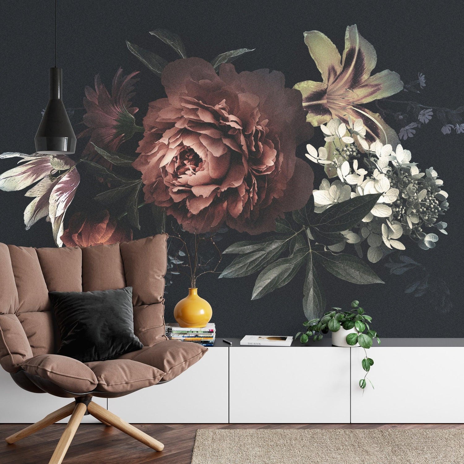 Dark floral wallpaper with peonies and lilies creating drama in a modern living room setting
