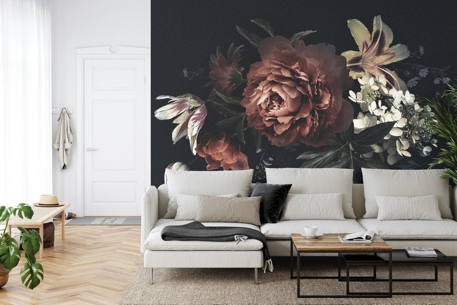 Vintage peony wall mural making a statement in an elegant dining room