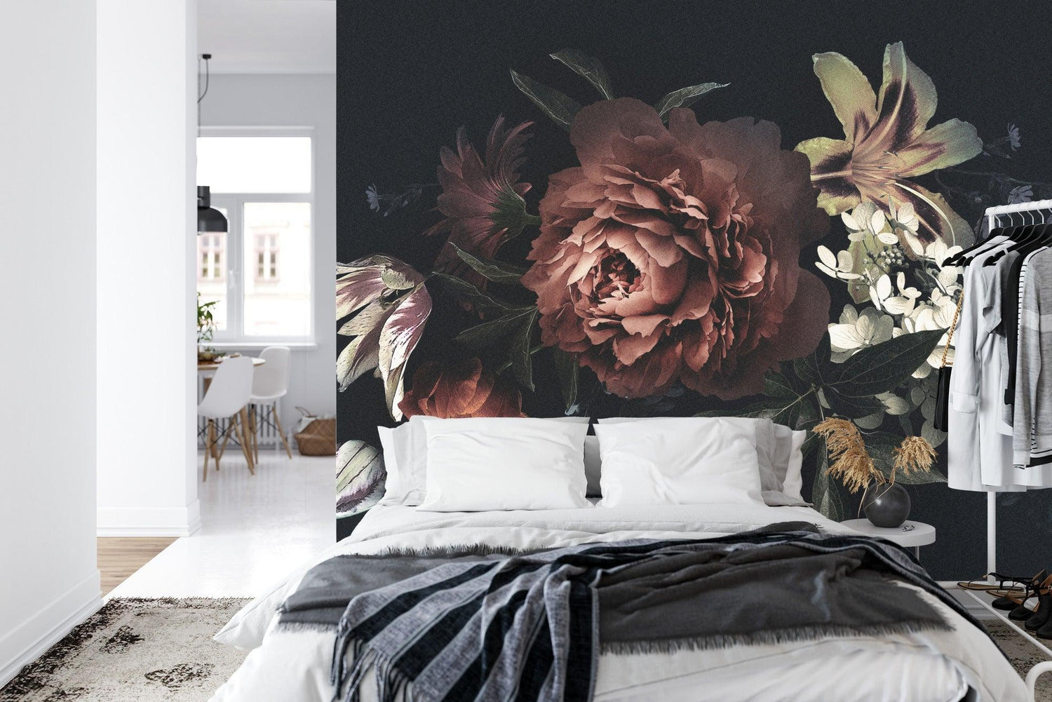 Dark garden wallpaper transforming a bedroom with moody floral elegance