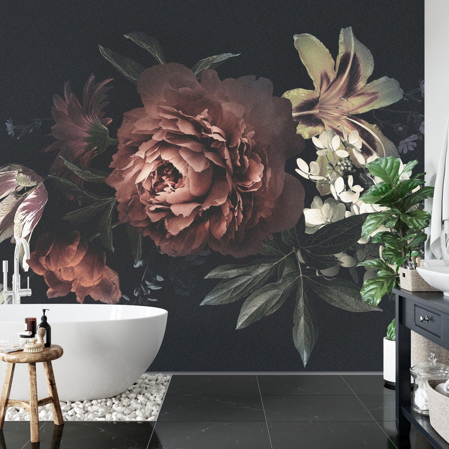 Botanical wall mural adding luxury to a powder room with dark florals