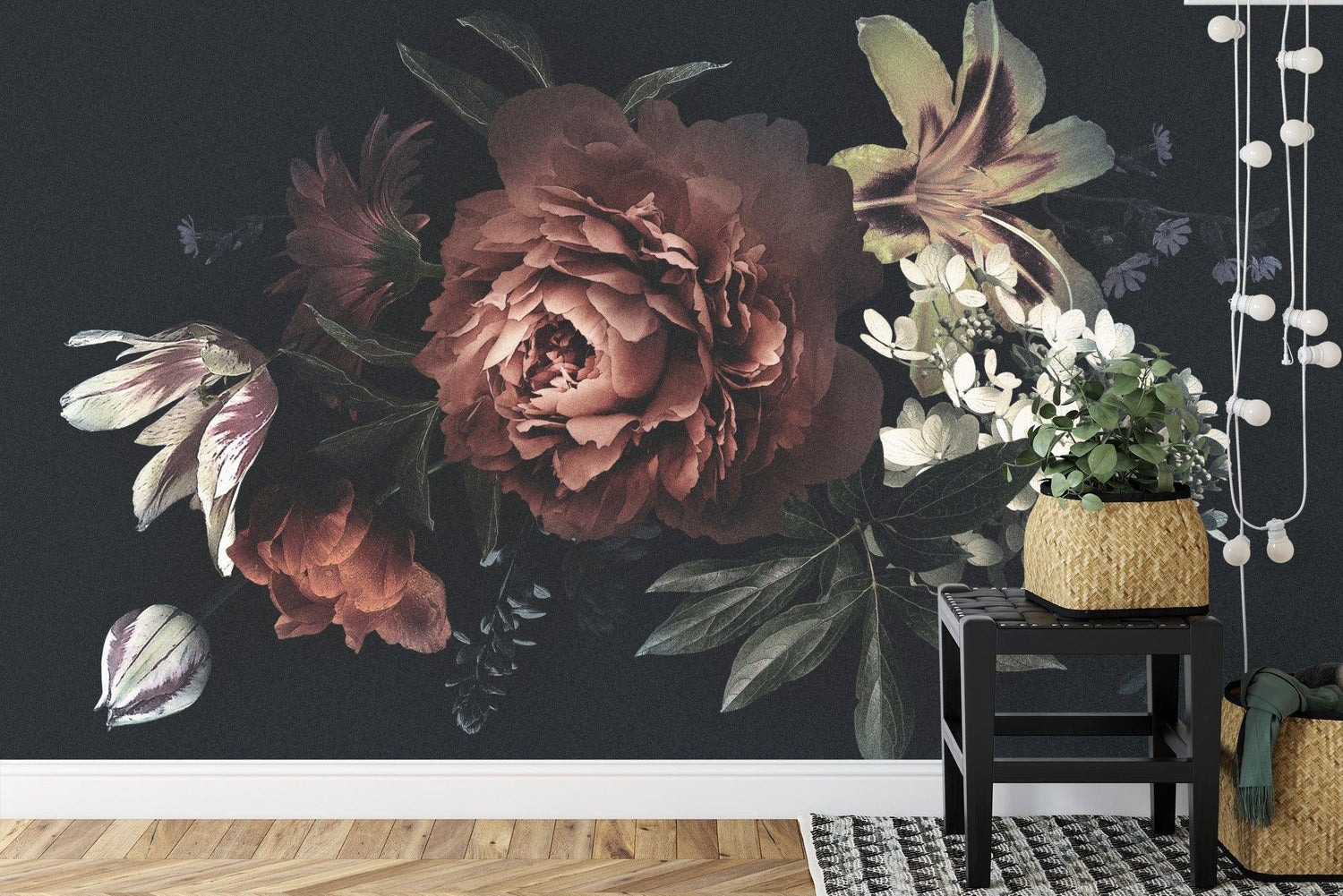 Peony wallpaper creating depth in a home office space with dramatic contrast