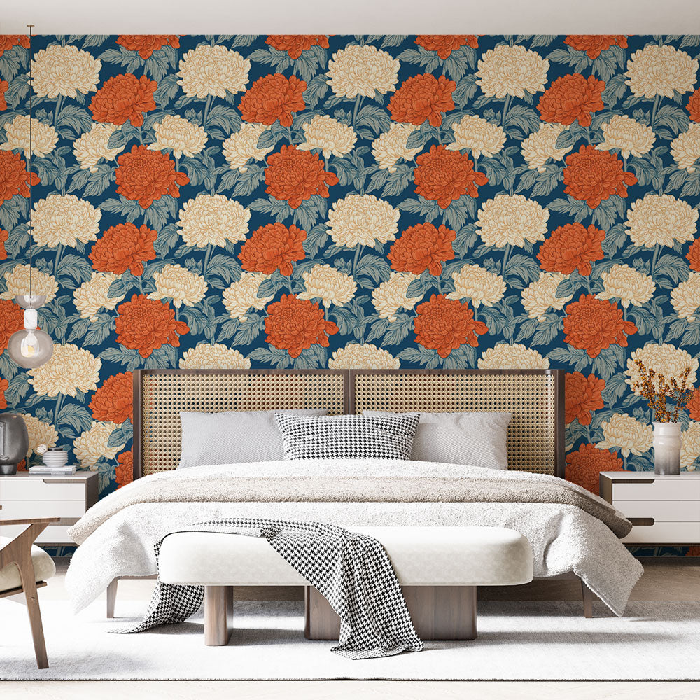 Orange and cream Peony wallpaper creating a warm, elegant atmosphere in a modern living room setting