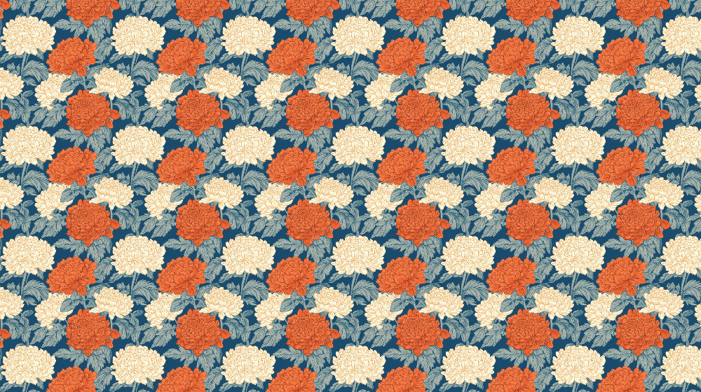 Vintage peony pattern design file showing detailed orange and cream blooms on navy background
