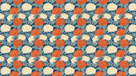 Vintage peony pattern design file showing detailed orange and cream blooms on navy background
