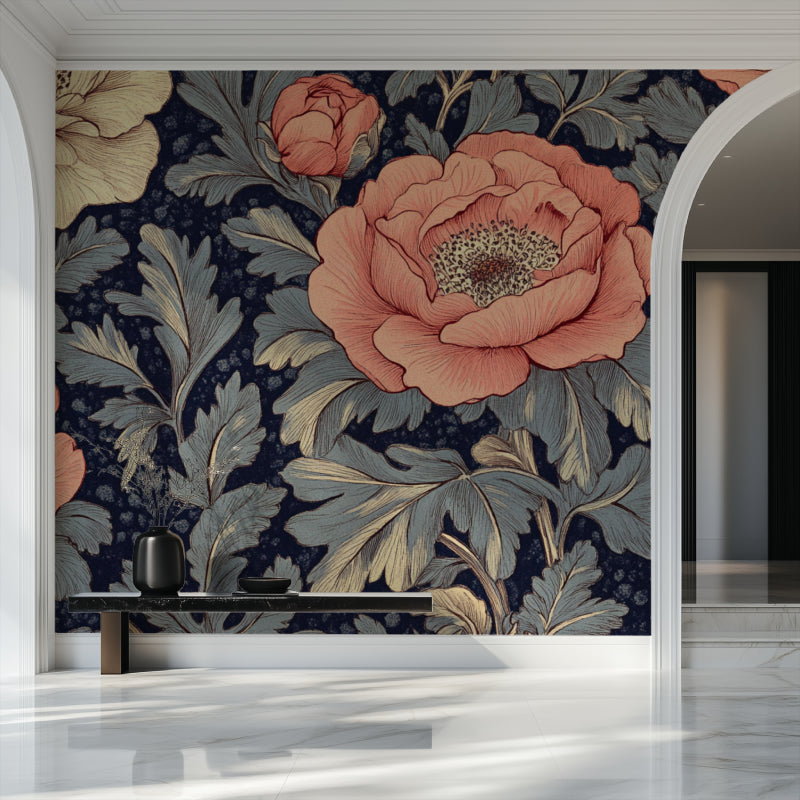 Navy floral wall mural adding elegance to master bedroom with white bedding