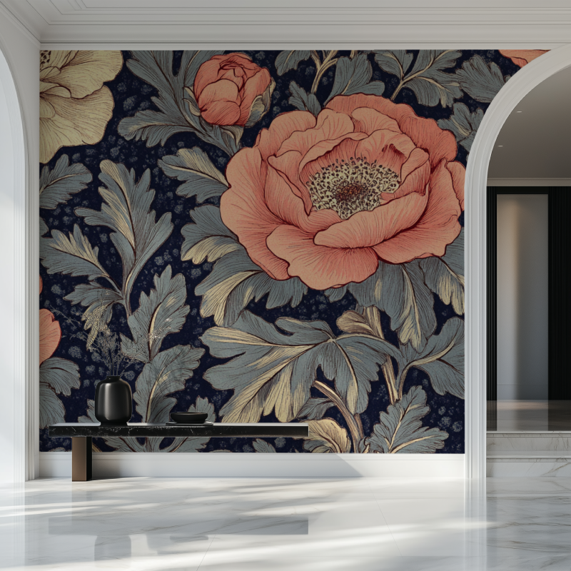 Navy floral wall mural adding elegance to master bedroom with white bedding