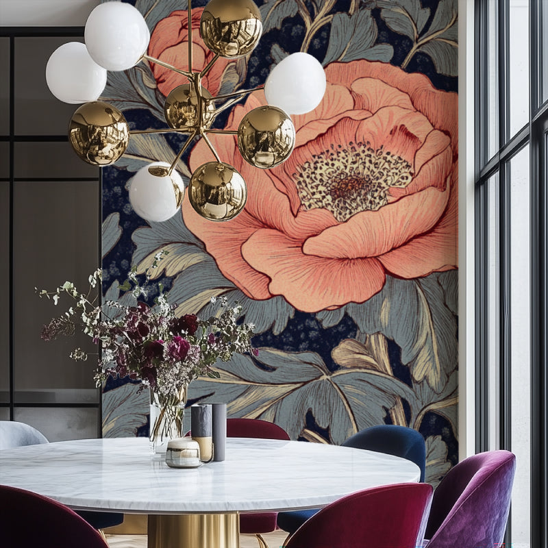 Botanical peony wallpaper transforming home office with brass accents