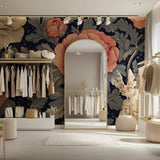 Vintage floral mural making statement in dining room with crystal chandelier
