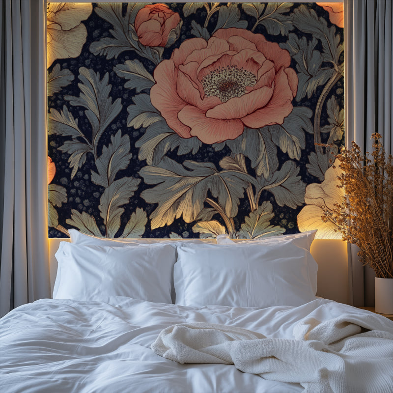 Navy and coral peony wallpaper enhancing powder room with gold fixtures