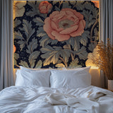 Navy and coral peony wallpaper enhancing powder room with gold fixtures