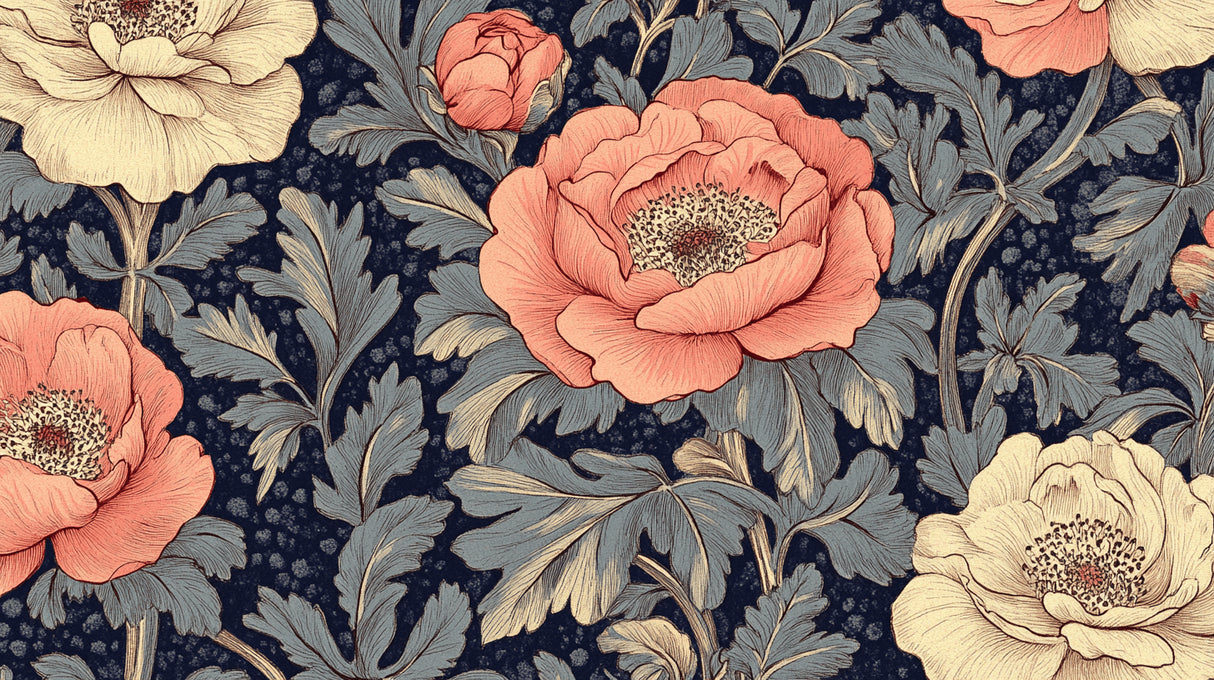 Coral pink peonies on navy background design file showing intricate botanical pattern details