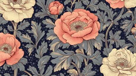 Coral pink peonies on navy background design file showing intricate botanical pattern details