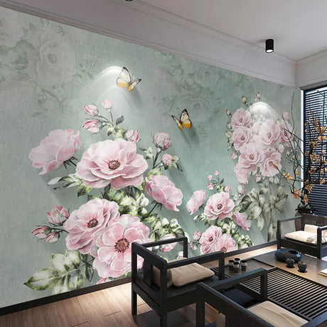 Pink rose garden wallpaper mural in bright master bedroom showing vintage floral design with butterflies