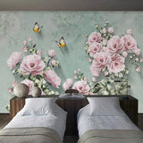 Floral wall mural with pink roses in cozy reading nook showing depth and texture