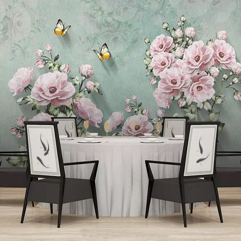 Pink rose wallpaper installation in girl's bedroom highlighting butterfly details