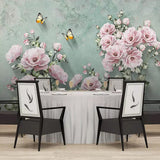 Pink rose wallpaper installation in girl's bedroom highlighting butterfly details