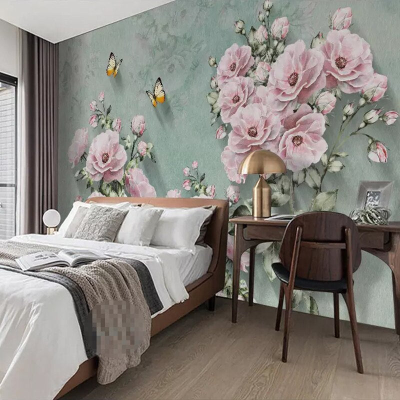 Vintage floral mural in powder room showcasing delicate rose and butterfly pattern