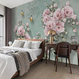 Vintage floral mural in powder room showcasing delicate rose and butterfly pattern