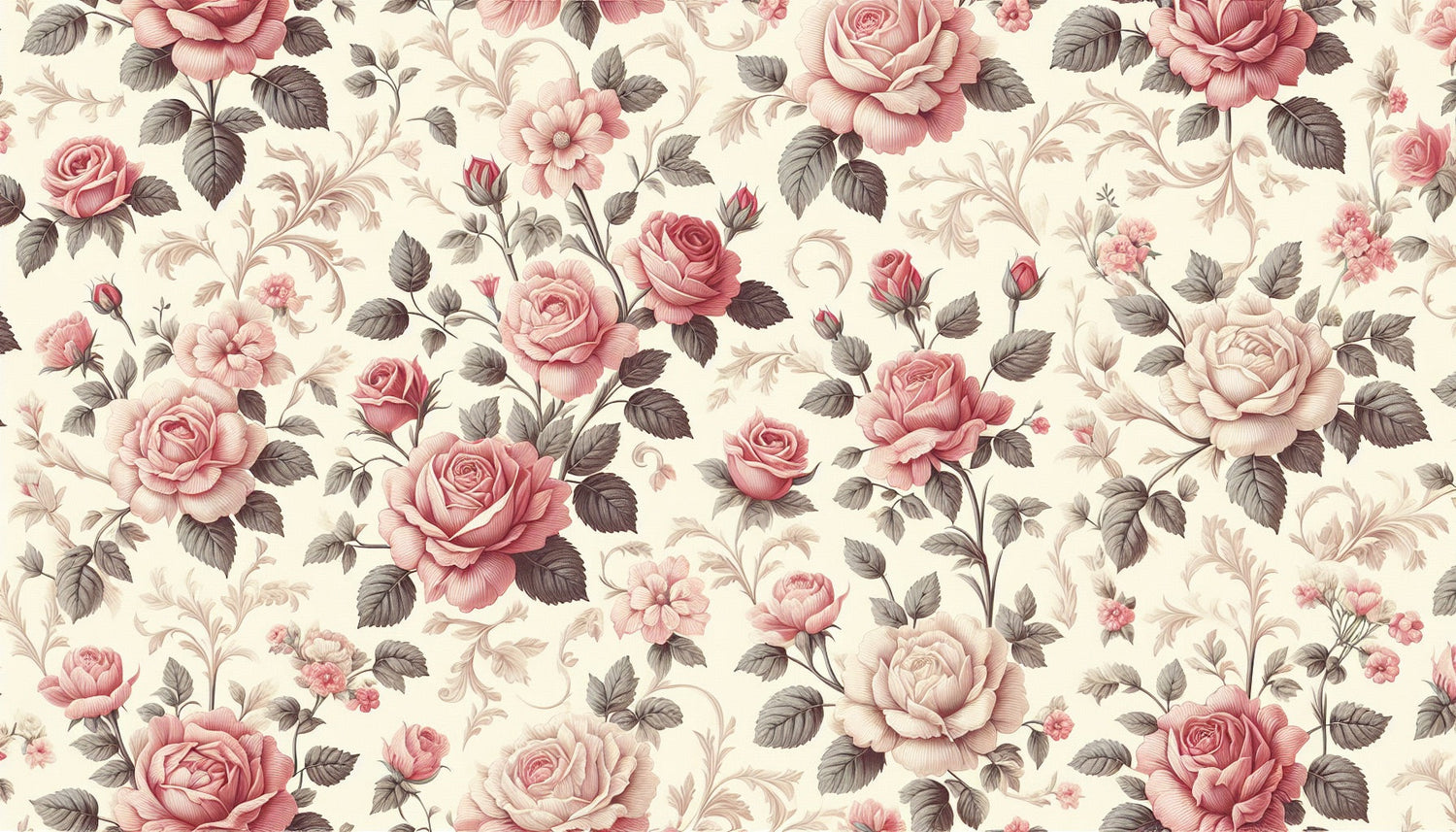 Vintage pink roses and grey leaves wallpaper design file showing detailed floral pattern