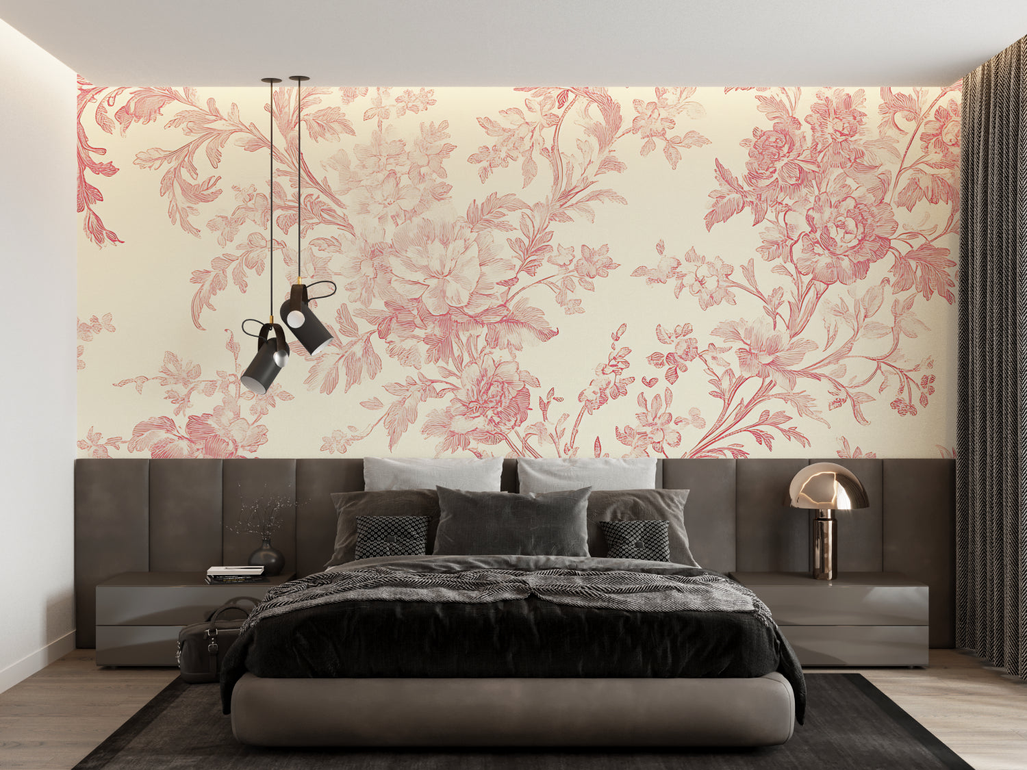 Pink Toile de Jouy wallpaper in elegant master bedroom showing delicate floral pattern