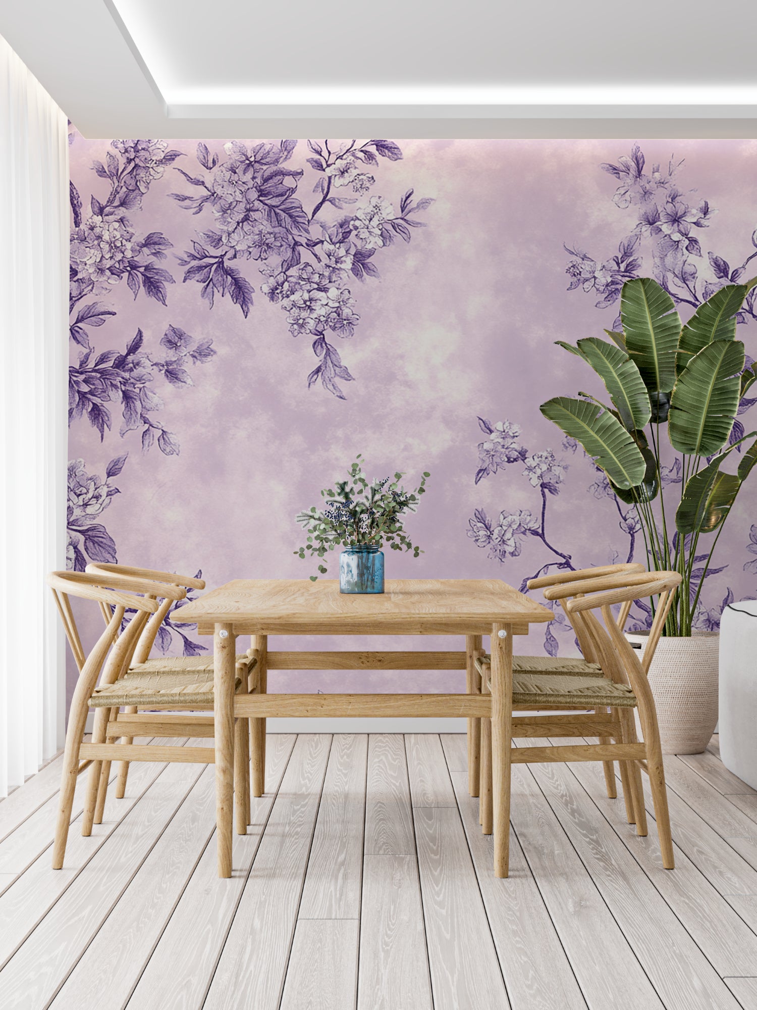 Purple flower mural adding charm to a home office space