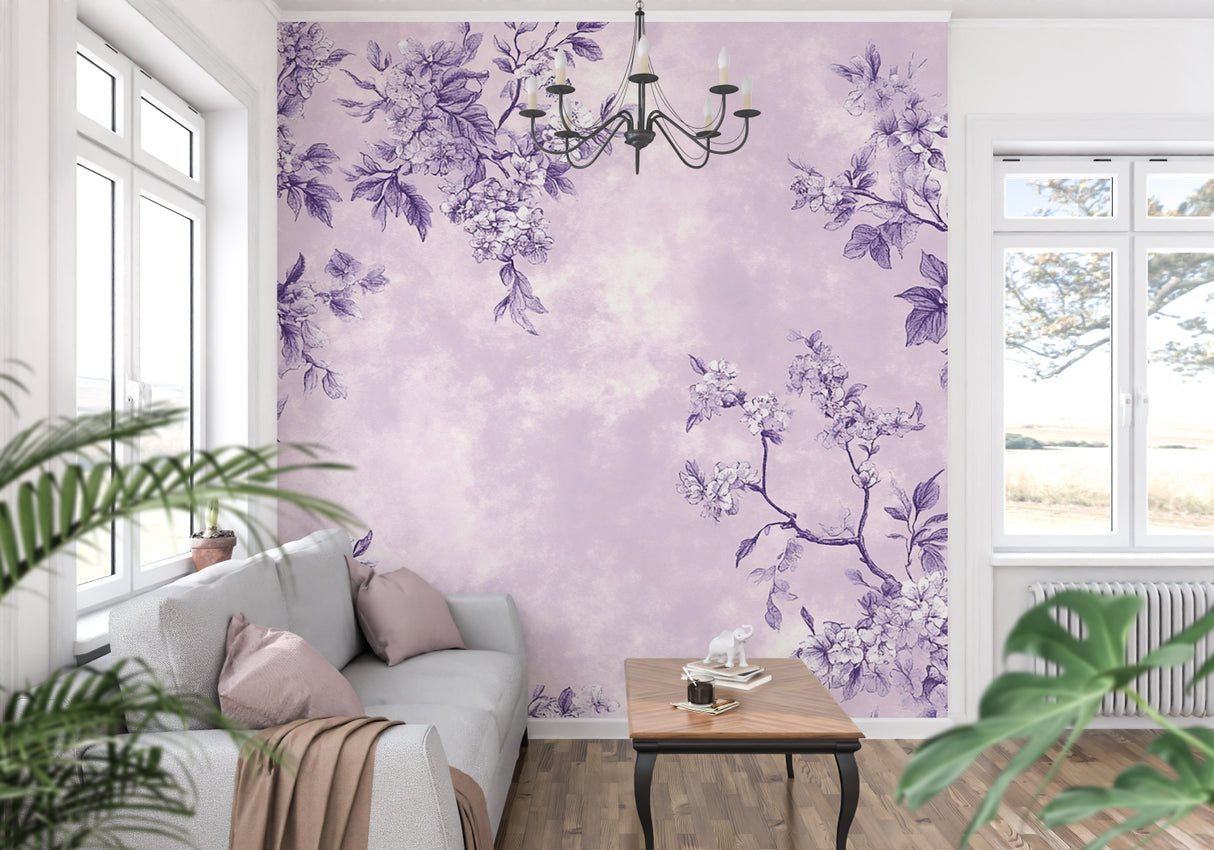 Botanical wallpaper transforming a dining room with elegant purple blooms