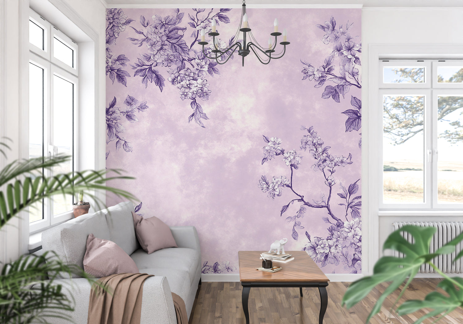 Botanical wallpaper transforming a dining room with elegant purple blooms