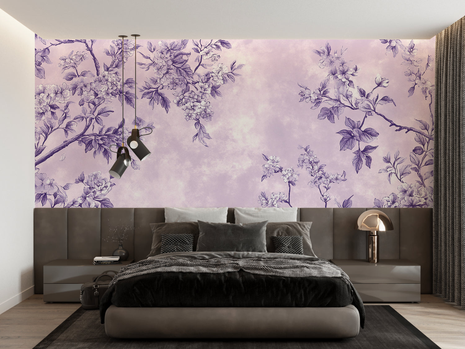 Floral pattern enhancing a cozy reading nook with gentle purple tones