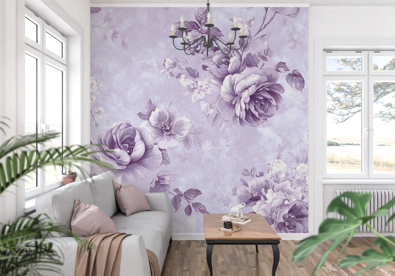 Purple rose wallpaper mural in a bright master bedroom creating an elegant accent wall