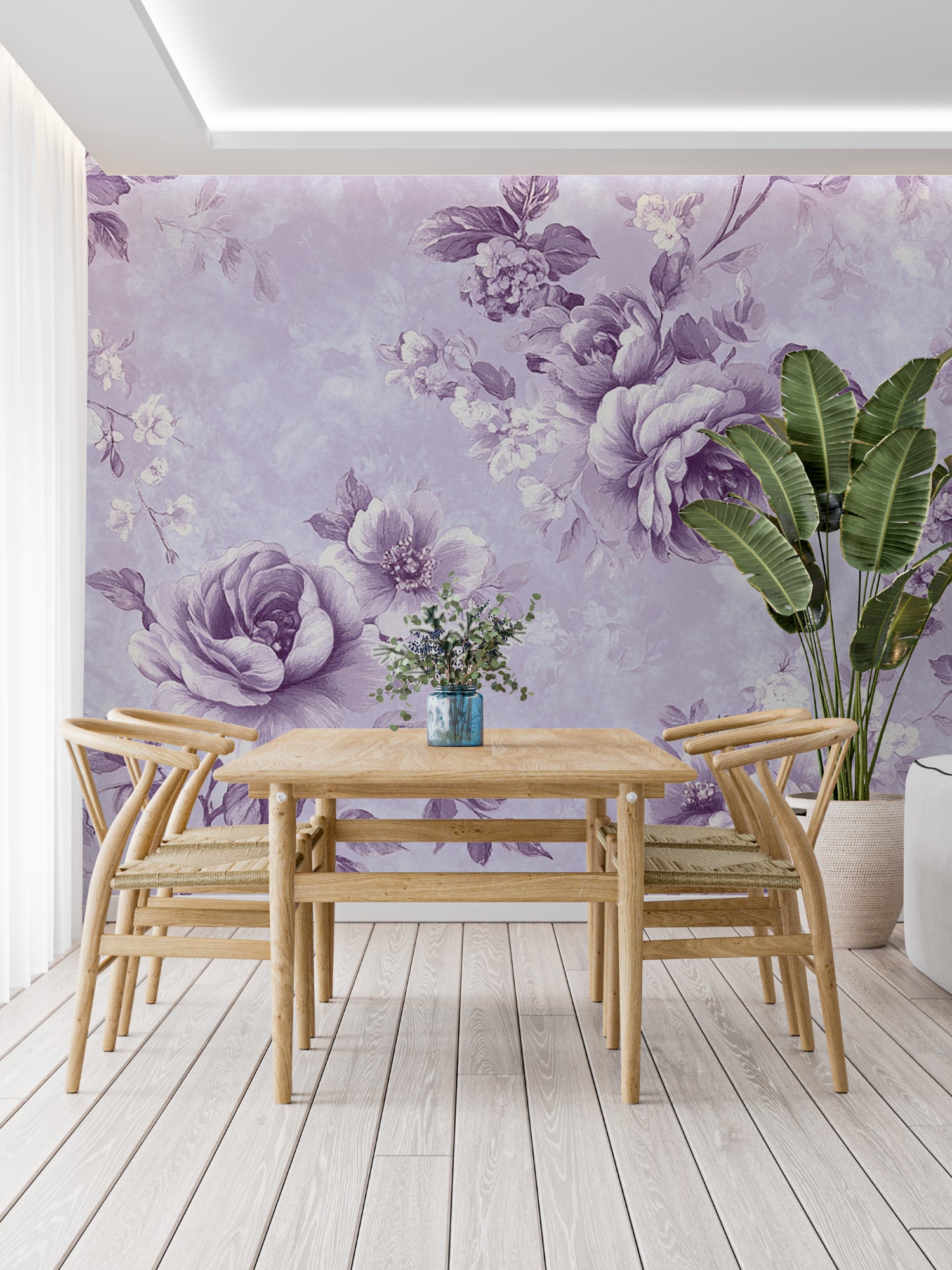 Purple rose wall mural adding charm to a modern dining room