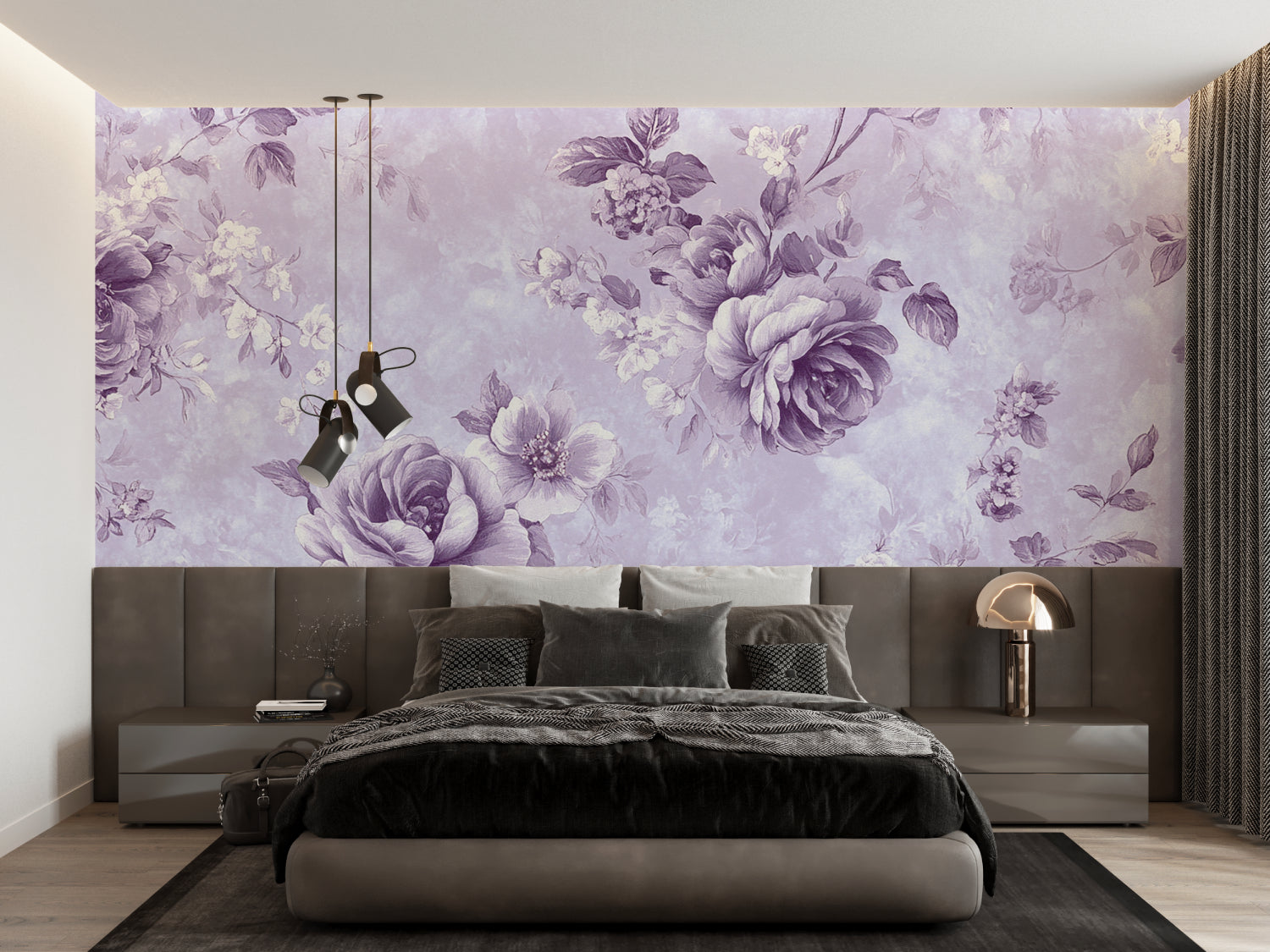 Vintage purple roses mural creating atmosphere in a boutique dressing room