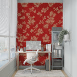 Vintage floral wall mural creating an elegant backdrop in a dining room