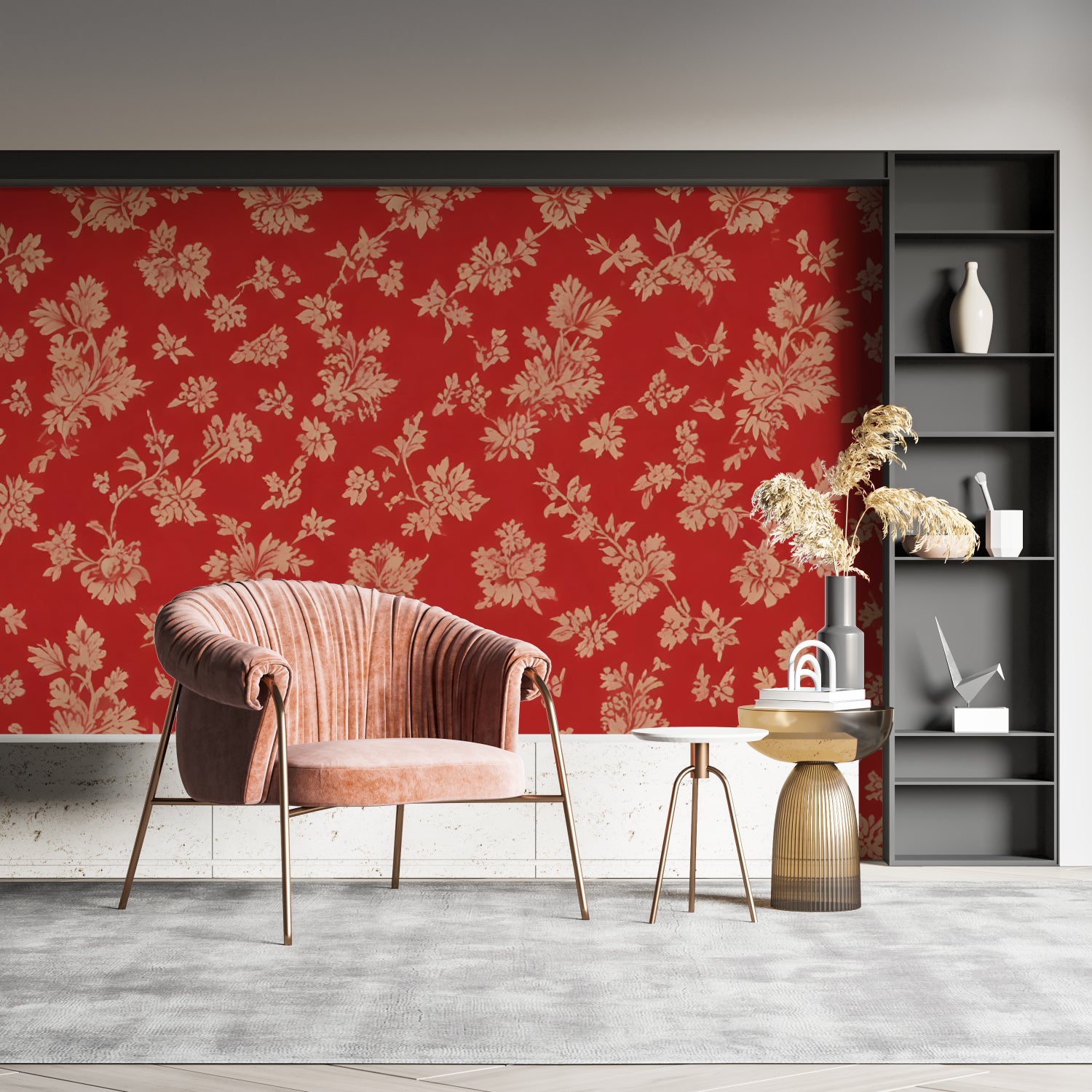 Red botanical wallpaper adding warmth to a cozy bedroom interior