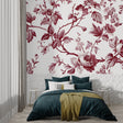Vintage red floral toile wallpaper in elegant dining room with crystal chandelier