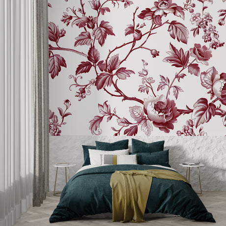 Vintage red floral toile wallpaper in elegant dining room with crystal chandelier