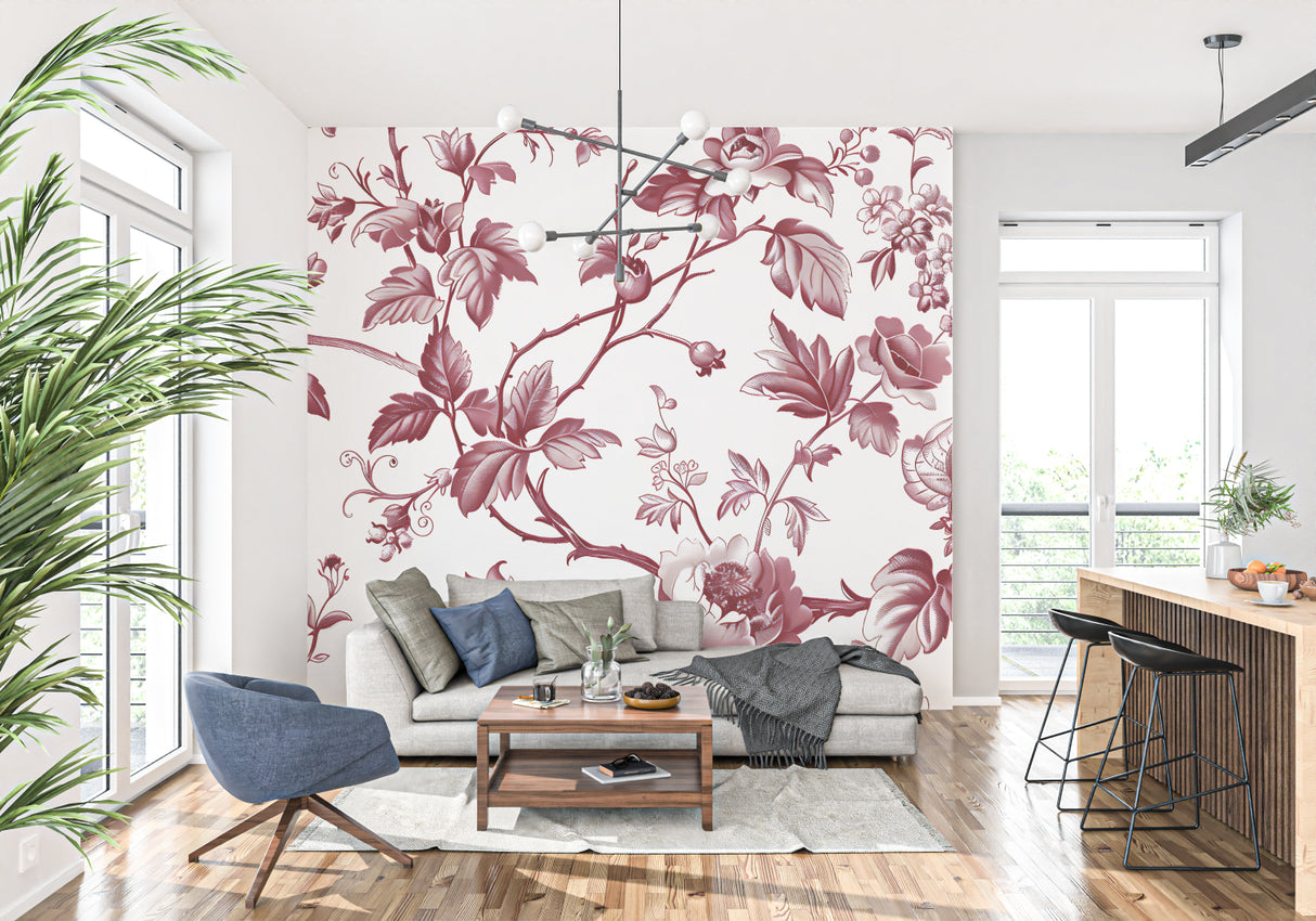 Red and white toile pattern wallpaper in cozy master bedroom setting