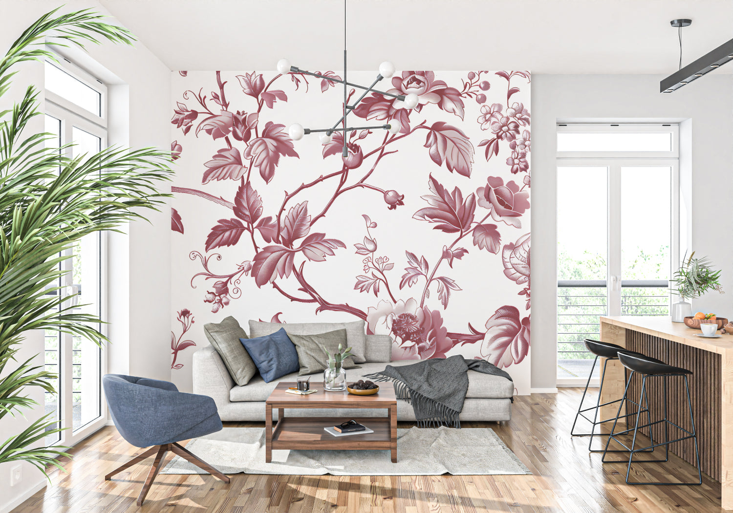 Red and white toile pattern wallpaper in cozy master bedroom setting