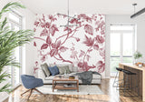 Red and white toile pattern wallpaper in cozy master bedroom setting