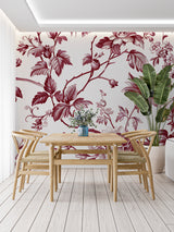 French toile wallpaper adding charm to modern living room space