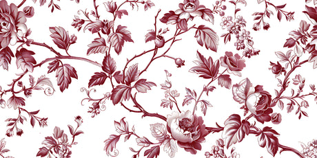 Detailed view of red and white floral toile pattern design file showing intricate botanical elements