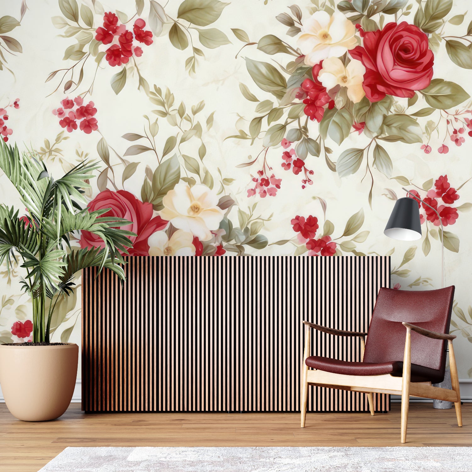 Vintage red rose wallpaper creating a romantic atmosphere in a modern living room