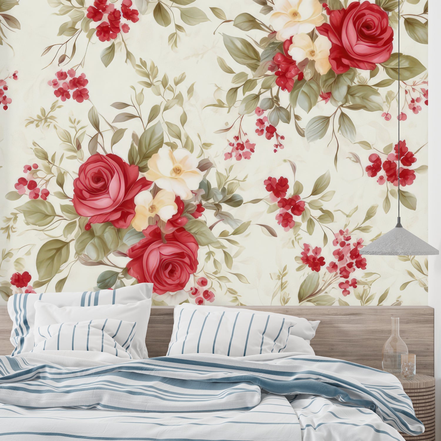 Elegant floral wall mural with red roses brightening a master bedroom