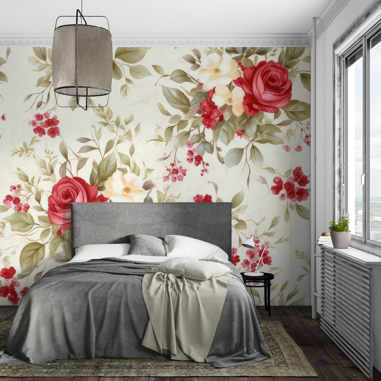 Red and cream rose wallpaper adding charm to a dining room